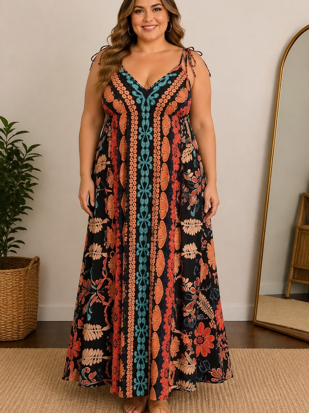 Boho Floral Maxi Dress Size 14/16 XL Tie Shoulder New
